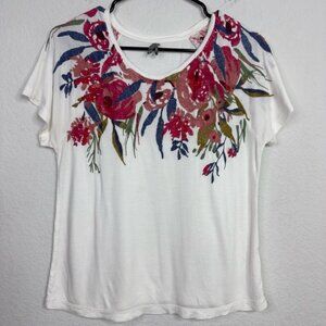 Anthropologie Shirt Women M Floral Embroidered Short Sleeve Boho Romantic Summer